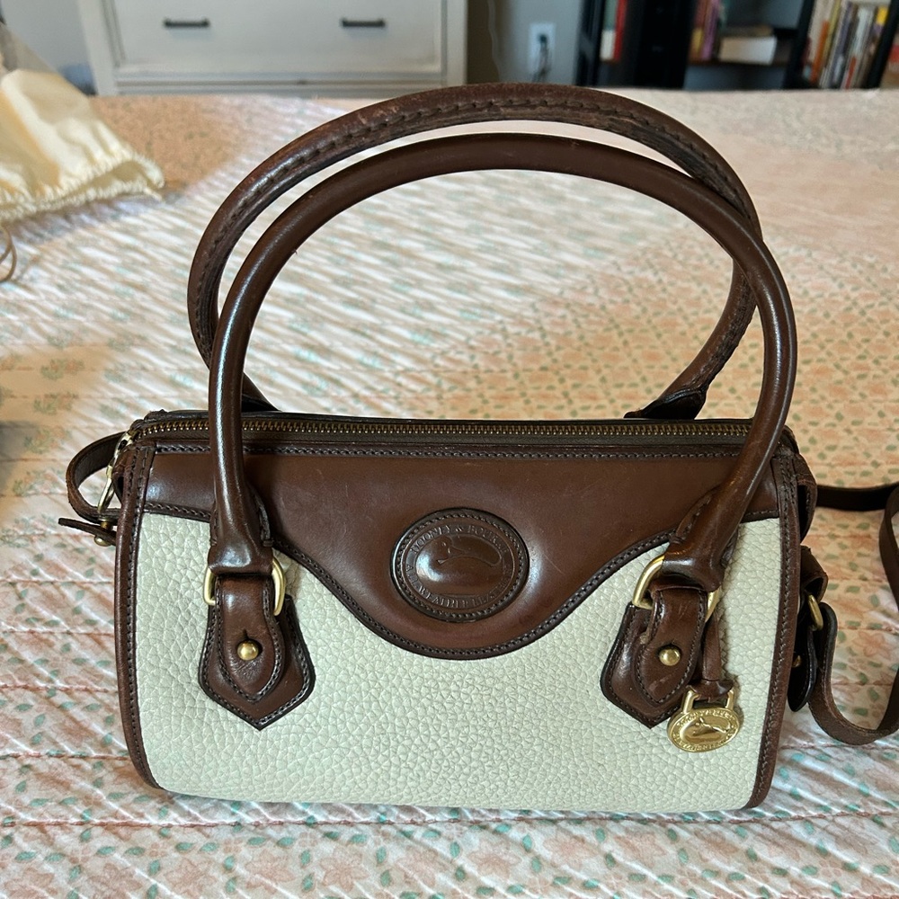 Vintage 80s Dooney & Bourke All Weather Leather Boston Satchel Bag, Cream & Brwn